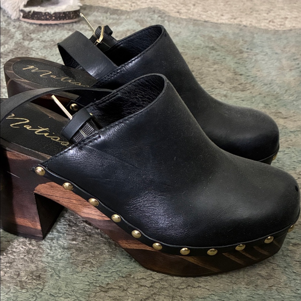 Matisse Black Leather Clogs with Wooden Heel and strap